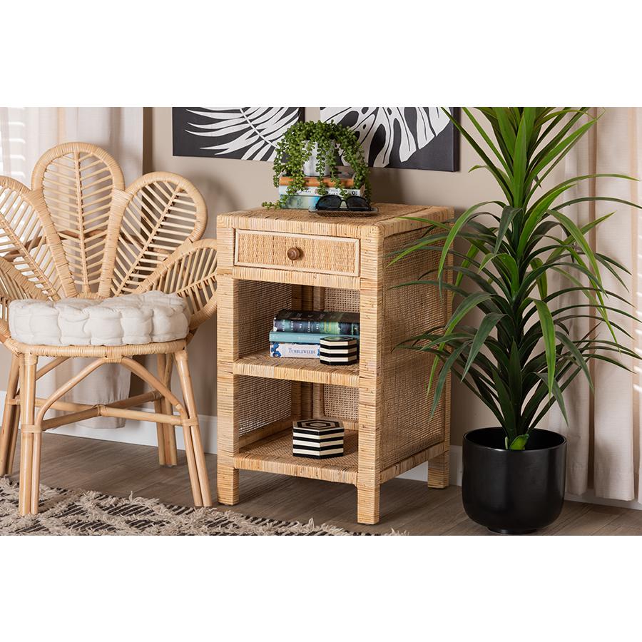 Bohemian Natural Brown Mahogany Wood and Natural Rattan 1-Drawer Nightstand. Picture 23