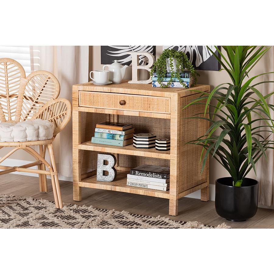 Bohemian Natural Brown Mahogany Wood and Natural Rattan 1-Drawer Console Table. Picture 23