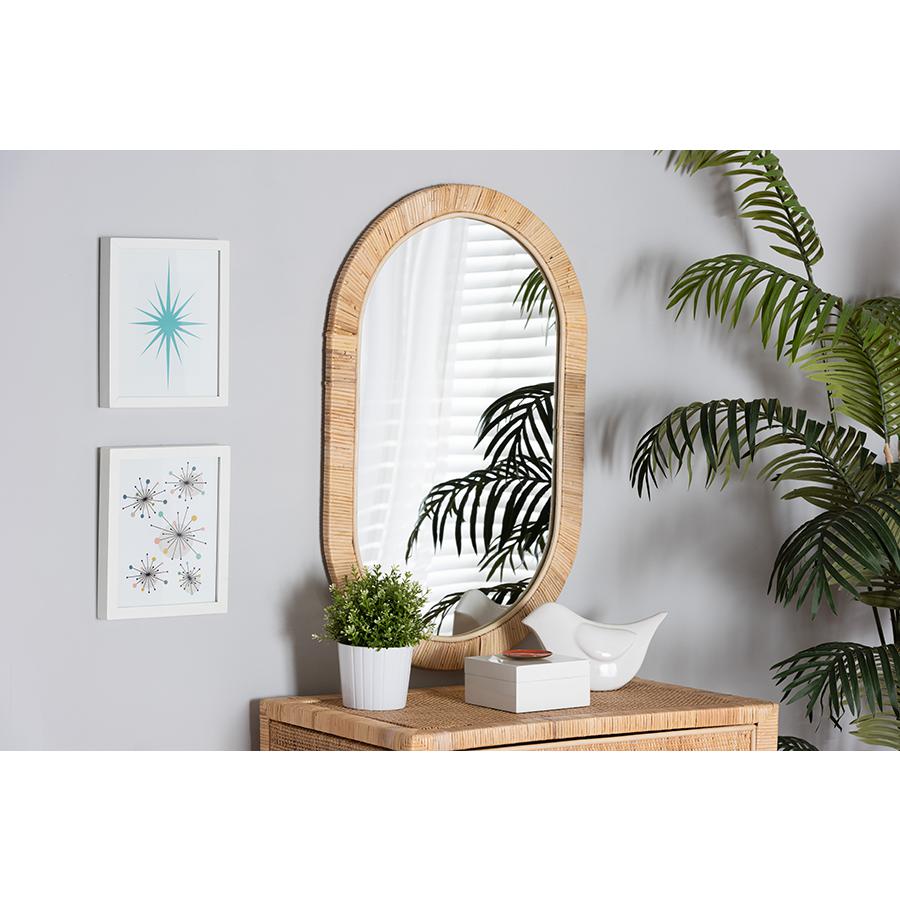 Modern Bohemian Natural Brown Mahogany Wood and Natural Rattan Oval Mirror. Picture 9