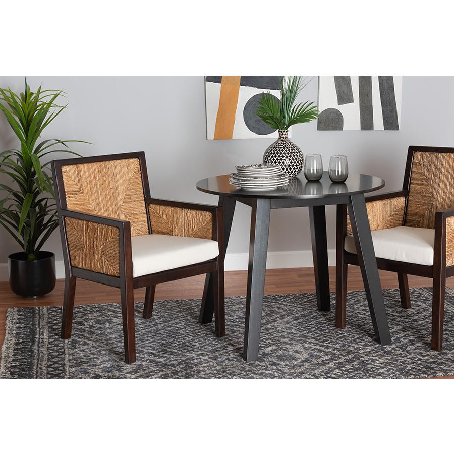 Bohemian Dark Brown Mahogany Wood and Natural Seagrass Dining Arm Chair. Picture 21