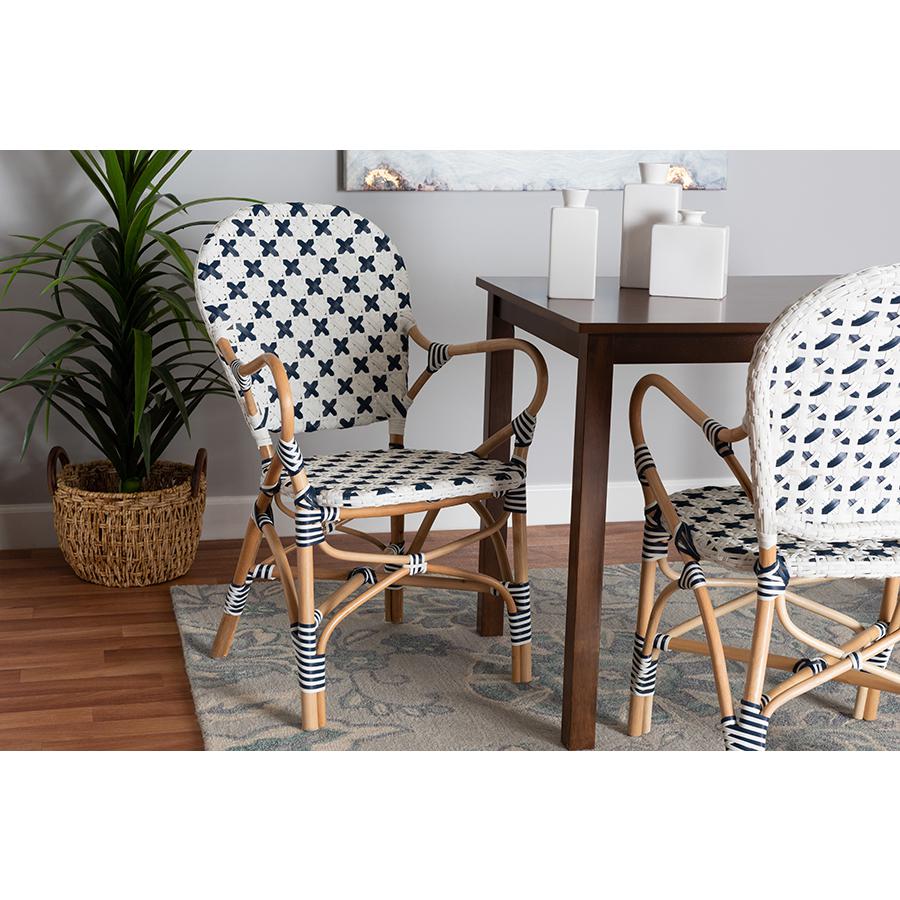 French Blue and White Weaving and Natural Rattan Bistro Chair. Picture 21