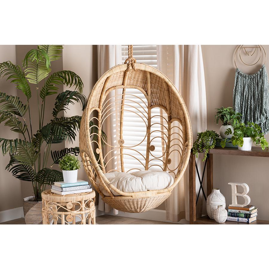 bali & pari Umika Modern Bohemian Natural Brown Rattan Hanging Chair. Picture 19