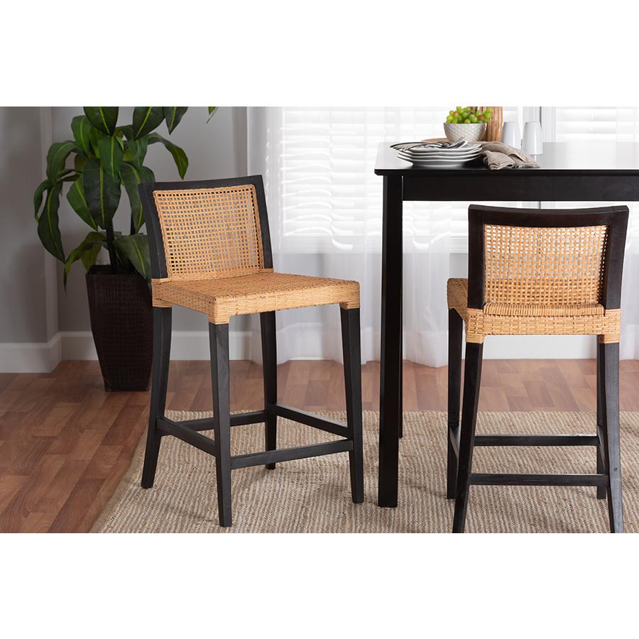 Bohemian Dark Brown Mahogany Wood and Natural Rattan Counter Stool. Picture 21