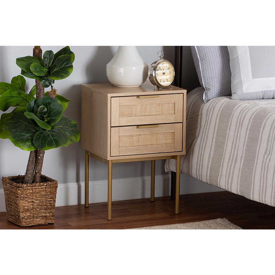 Dewitt Japandi Light Brown Finished Wood and Gold Metal 2-Drawer End Table. Picture 21