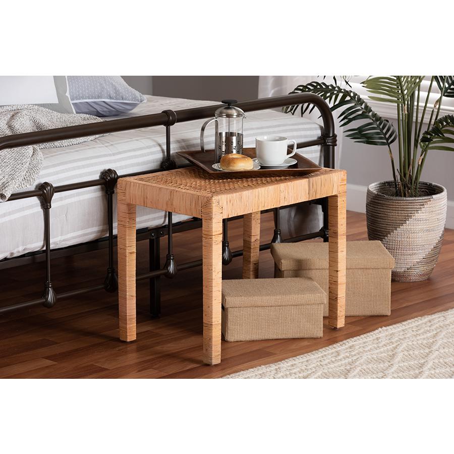 Bohemian Natural Rattan and Mahogany Wood Short Accent Bench. Picture 17