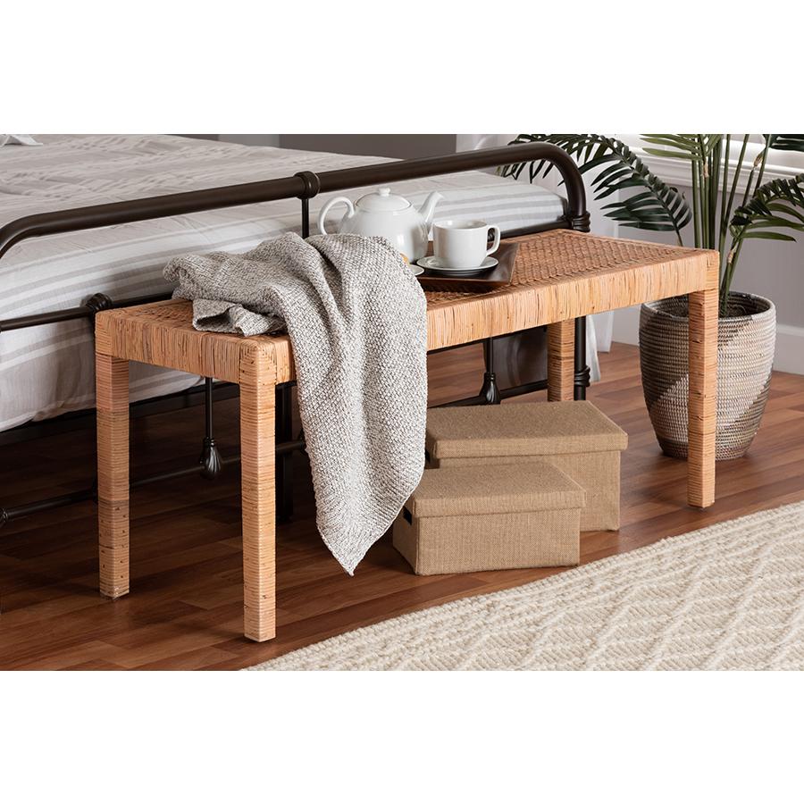 Bohemian Natural Rattan and Mahogany Wood Long Accent Bench. Picture 17