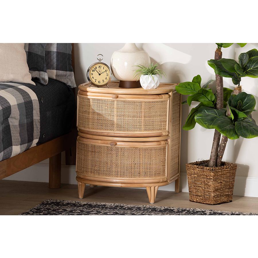 bali & pari Oleta Modern Bohemian Natural Brown Rattan 2-Drawer Nightstand. Picture 21