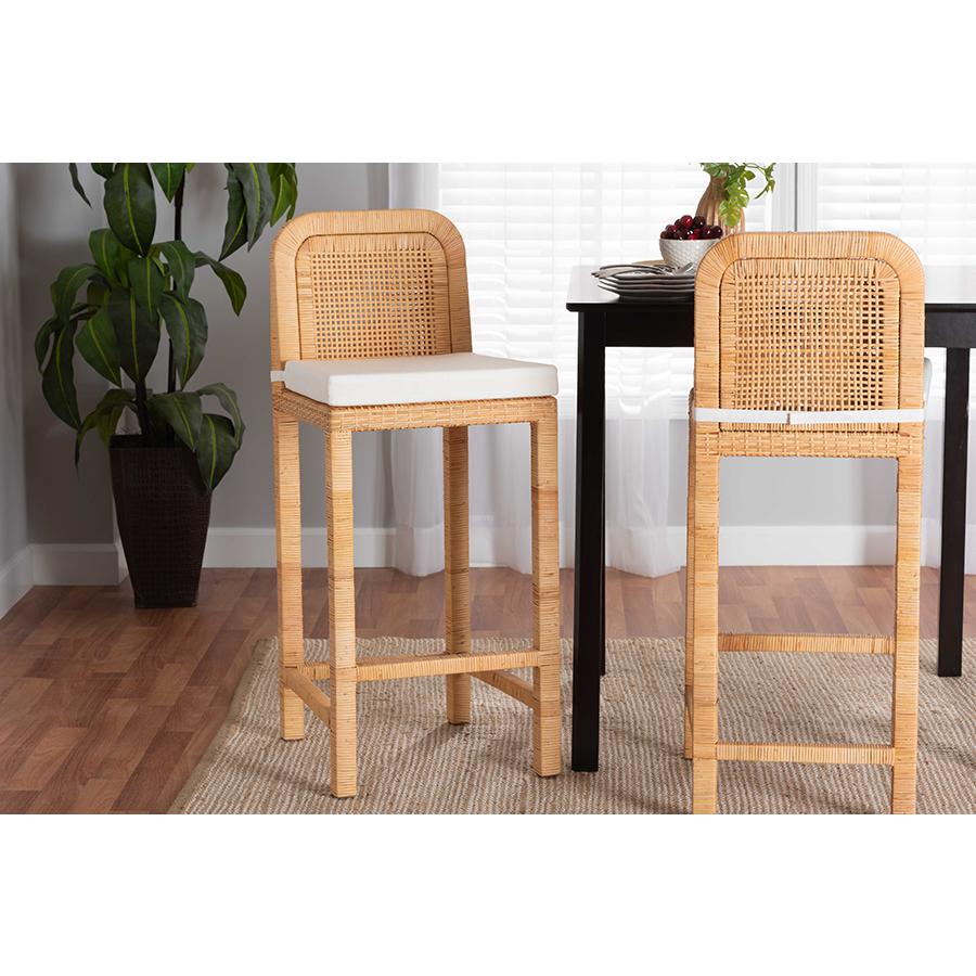 Bohemian Natural Brown Rattan and Mahogany Wood Bar Stool. Picture 21