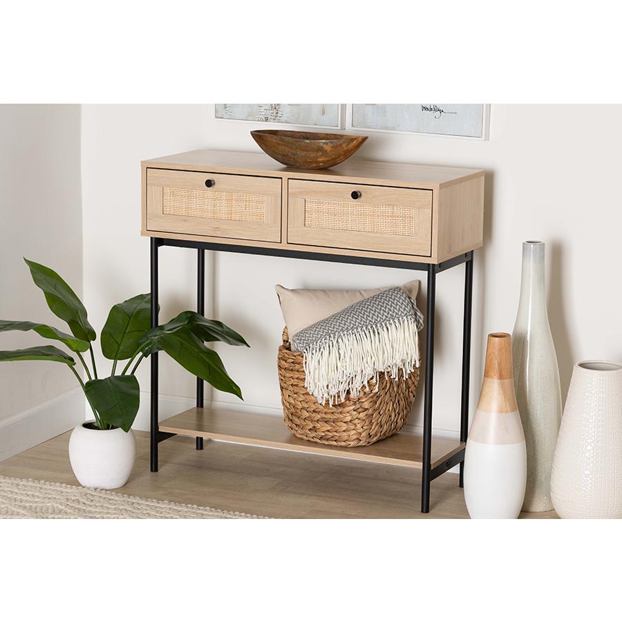 Light Brown  and Black 2-Drawer Console Table with Woven Rattan Accent. Picture 21