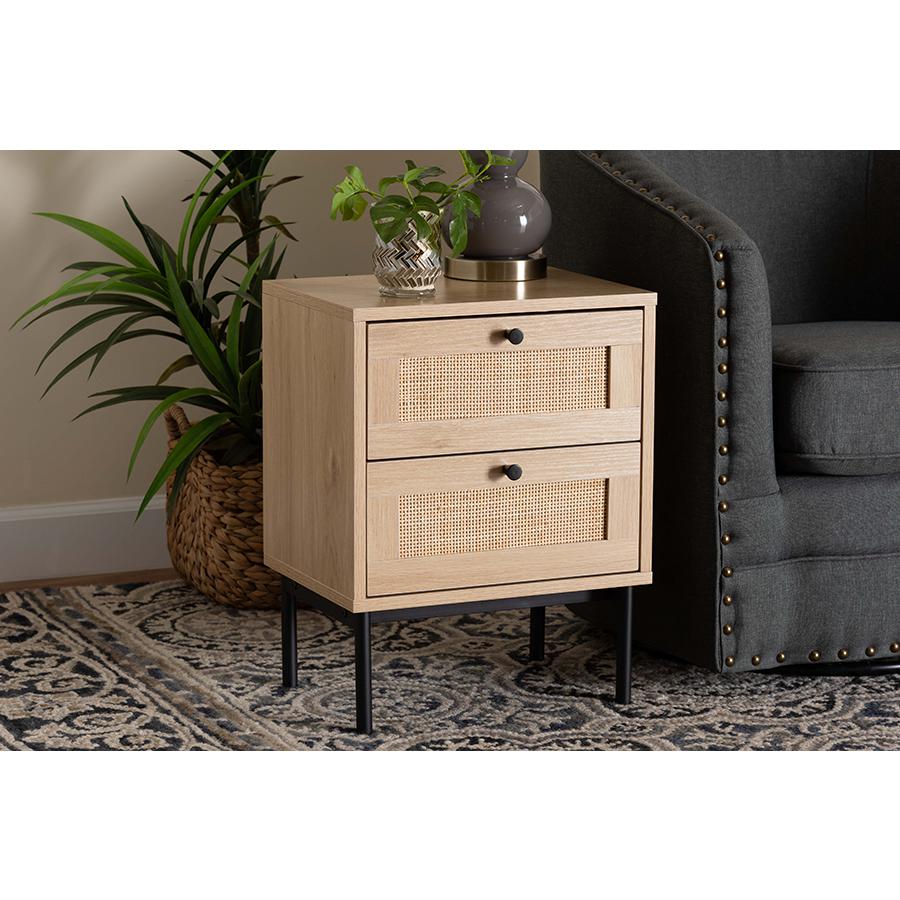 Light Brown and Black 2-Drawer End Table with Woven Rattan Accent. Picture 21