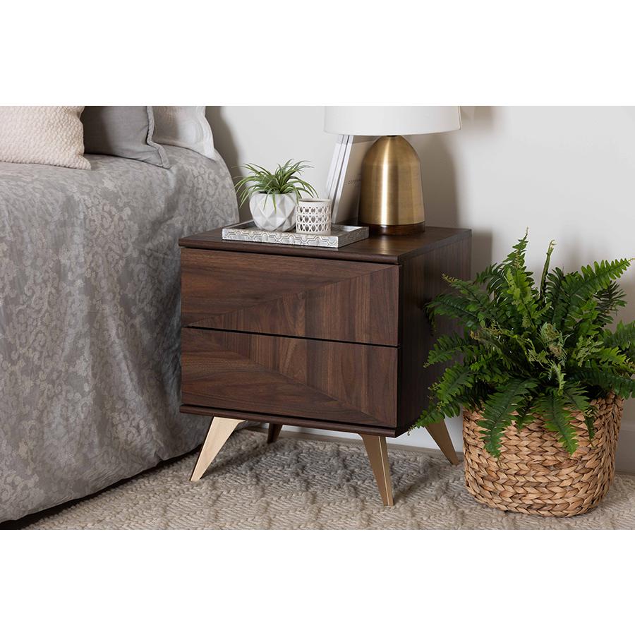 Transitional Walnut Brown Finished Wood 2-Drawer Nightstand. Picture 21