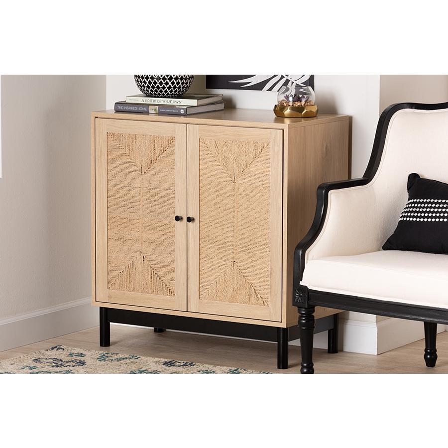 Cherelle Mid-Century Modern Light Brown and Black 2-Door Storage Cabinet. Picture 21