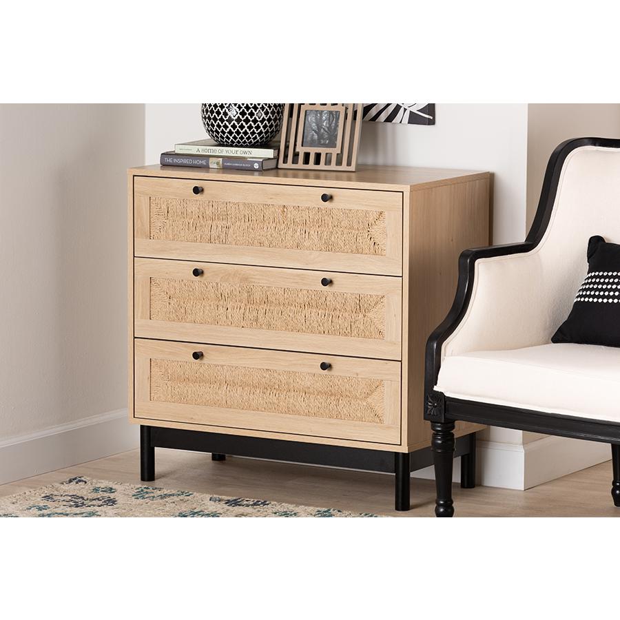 Cherelle Mid-Century Modern Light Brown and Black 3-Drawer Storage Cabinet. Picture 21