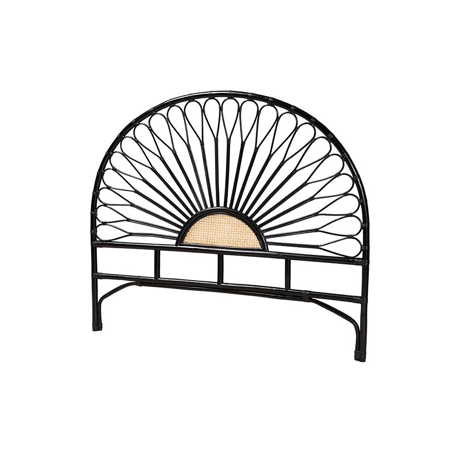 Bohemian Two-Tone Black and Natural Brown Rattan Queen Size Standalone Headboard. Picture 1