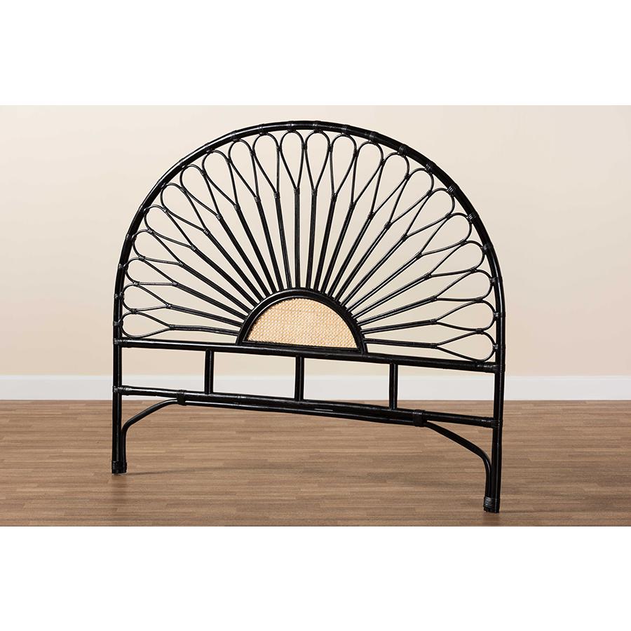 Bohemian Two-Tone Black and Natural Brown Rattan Queen Size Standalone Headboard. Picture 7