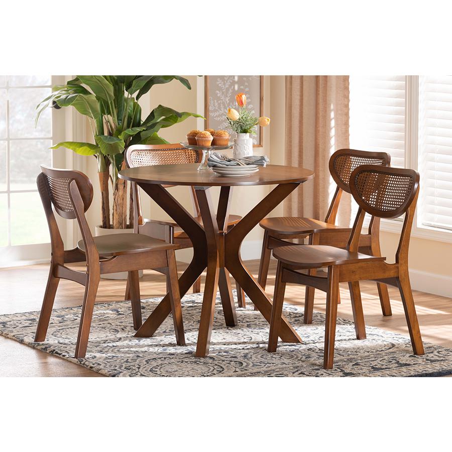 Walnut Brown Finished Wood and Woven Rattan 5-Piece Dining Set. Picture 21
