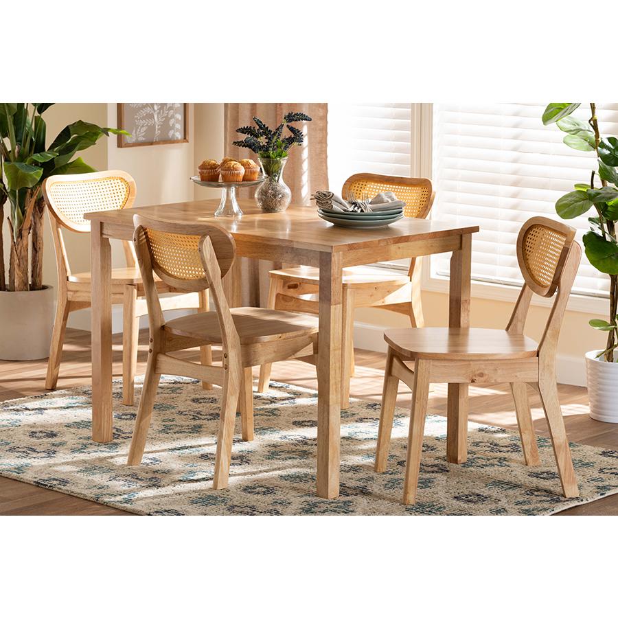 Oak Brown Finished Wood and Rattan 5-Piece Dining Set. Picture 21