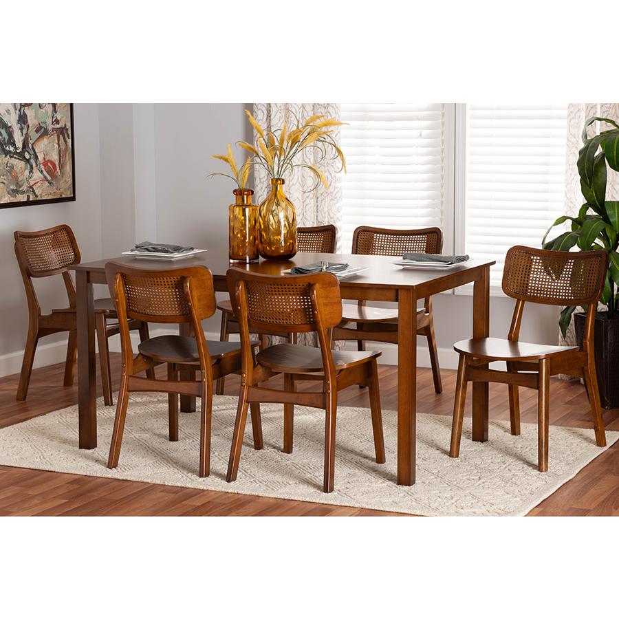 Walnut Brown Finished Wood and Rattan 7-Piece Dining Set. Picture 21