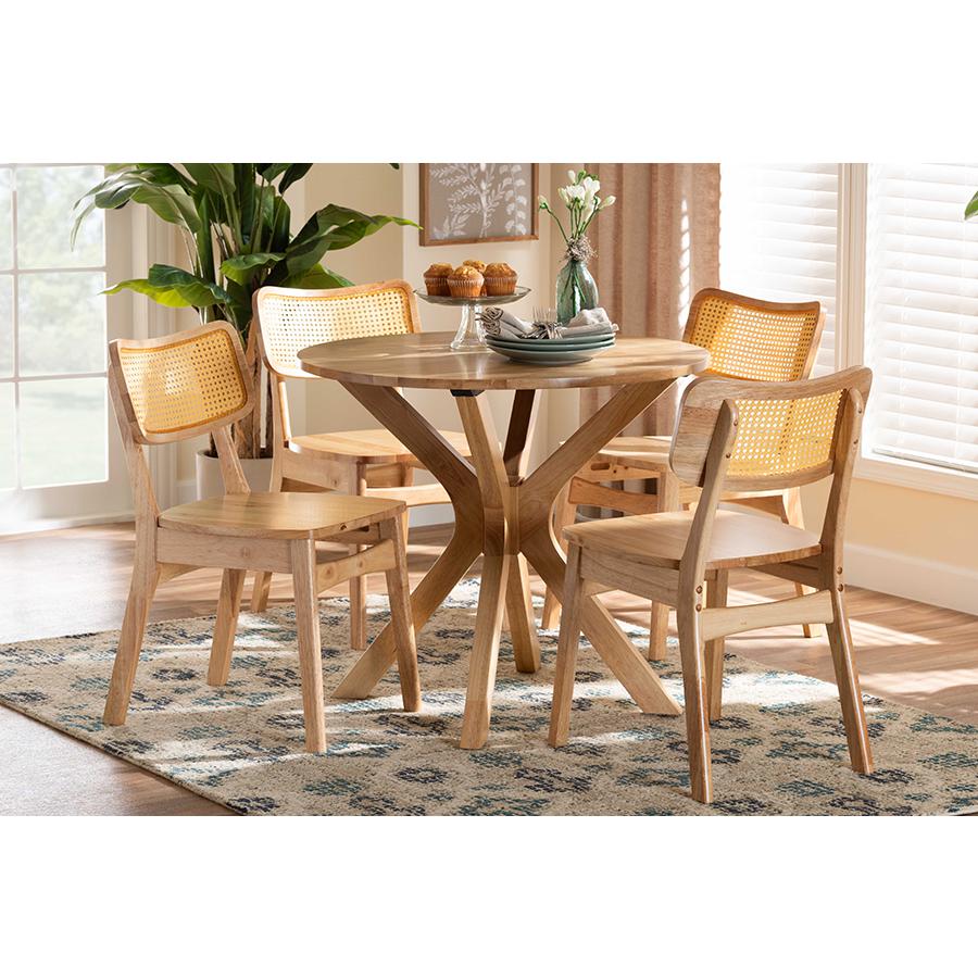 Camilo Mid-Century Modern Oak Brown Finished Wood and Rattan 5-Piece Dining Set. Picture 21