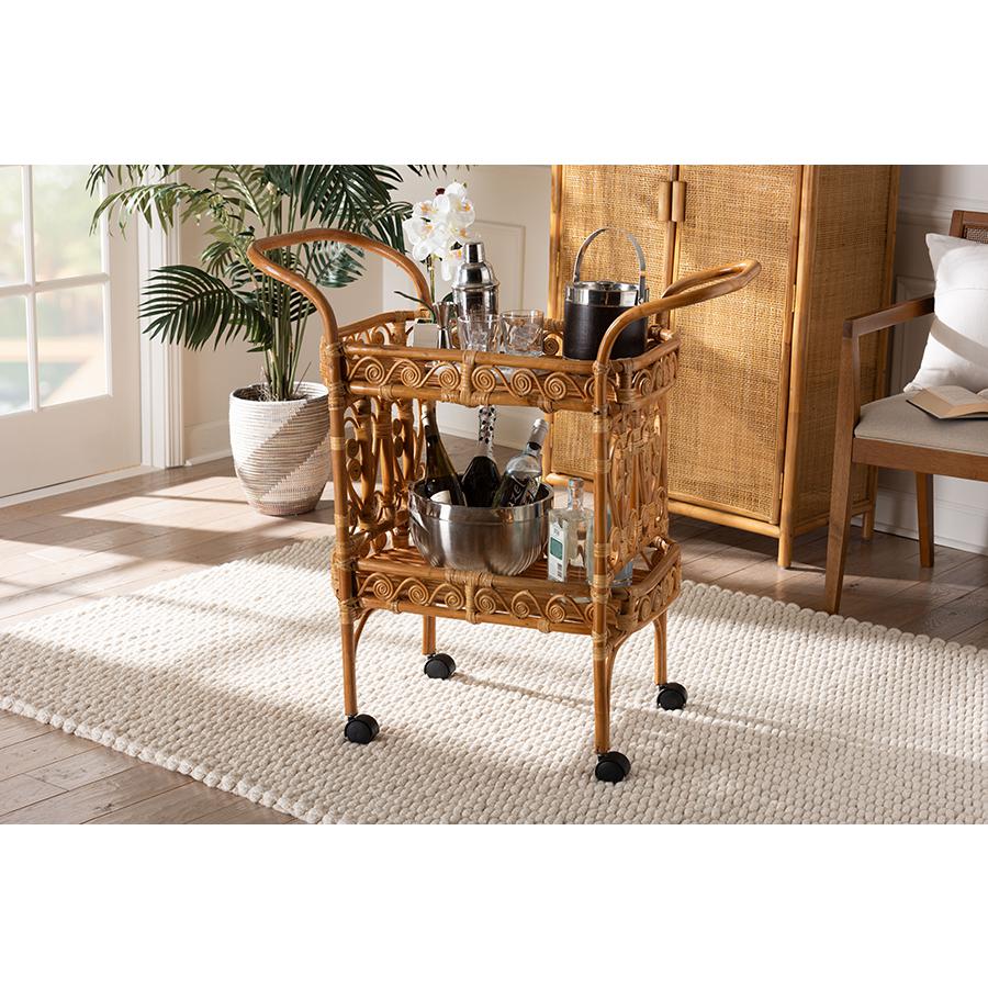 Diwata Modern Bohemian Natural Brown Rattan Kitchen Cart. Picture 19