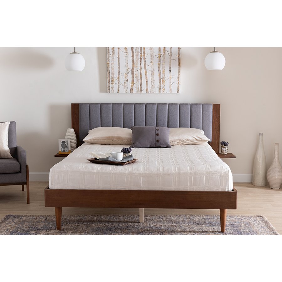 Grey Fabric and Walnut Brown Wood Queen Size Bed with Built-In Side Tables. Picture 23