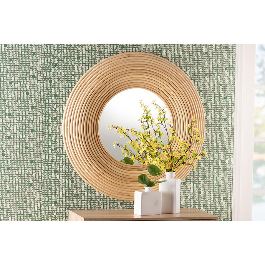 Drucilla Modern Bohemian Natural Brown Rattan Round Accent Wall Mirror. Picture 9
