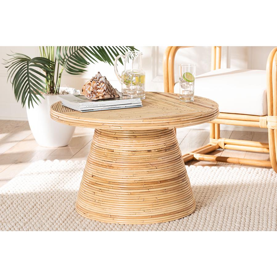 Bella Modern Bohemian Natural Rattan and Mahogany Wood Coffee Table. Picture 17