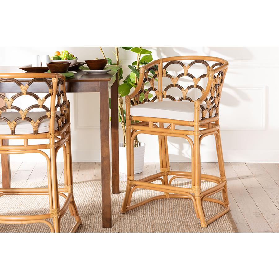 Veneto Modern Bohemian Light Honey and Dark Brown Rattan Bar Stool. Picture 21