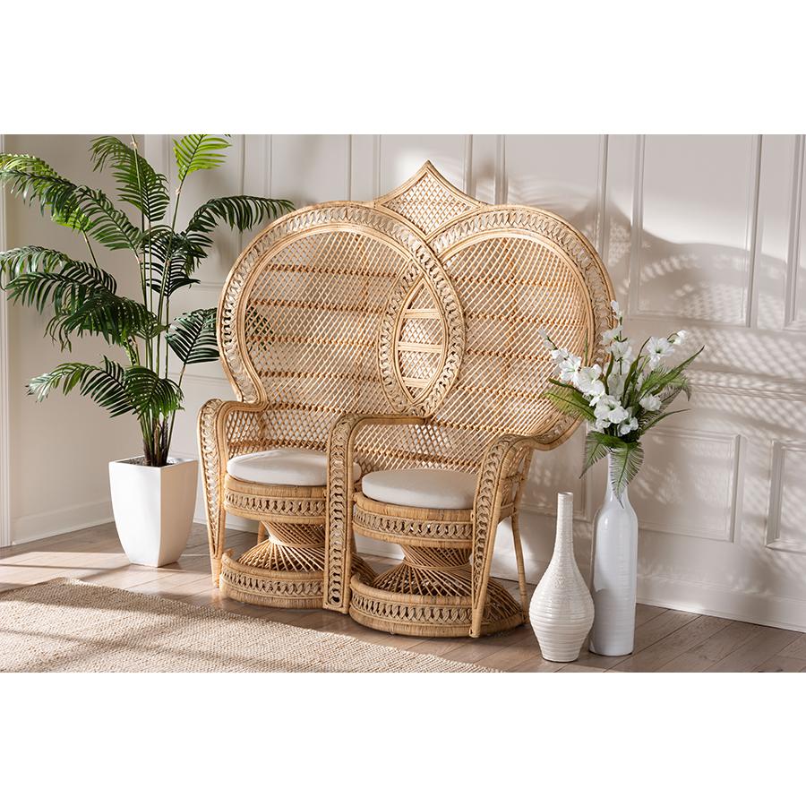 Nerita Modern Bohemian Natural Brown Rattan Two-Seater Peacock Chair. Picture 21