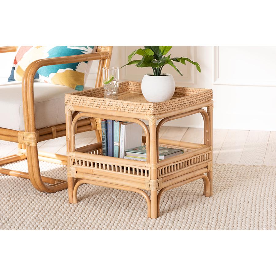 Lombok Modern Bohemian Natural Rattan End Table. Picture 17