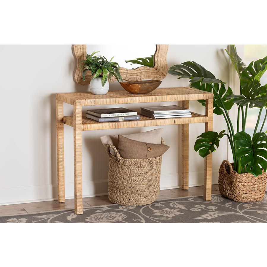 Kalimantan Bohemian Light Honey Rattan and Acacia Wood Console Table. Picture 19