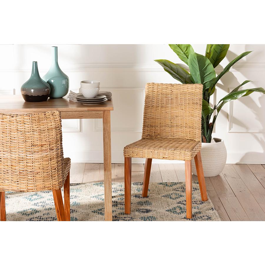 Rowen Bohemian Light Honey Kubu Rattan and Mahogany Wood Dining Chair. Picture 21