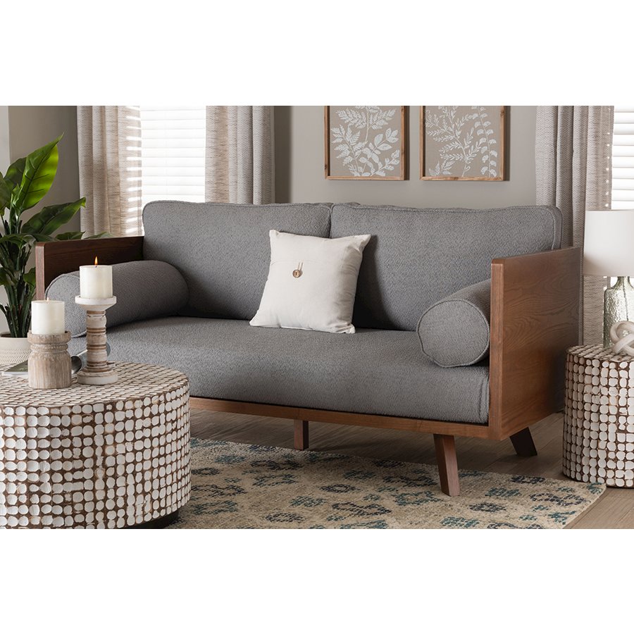 Uriel Mid-Century Modern Grey Boucle Fabric Sofa. Picture 23