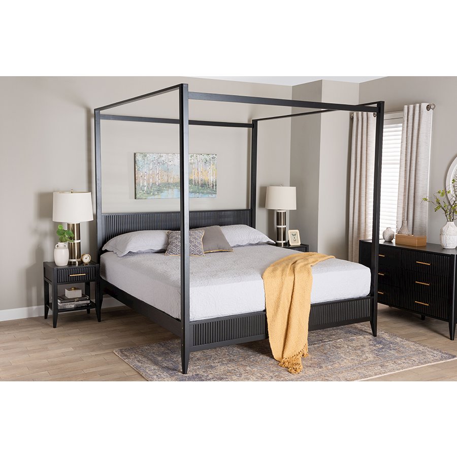 Primrose Mid-Century Black Fluted Wood King Size Canopy Bed. Picture 19
