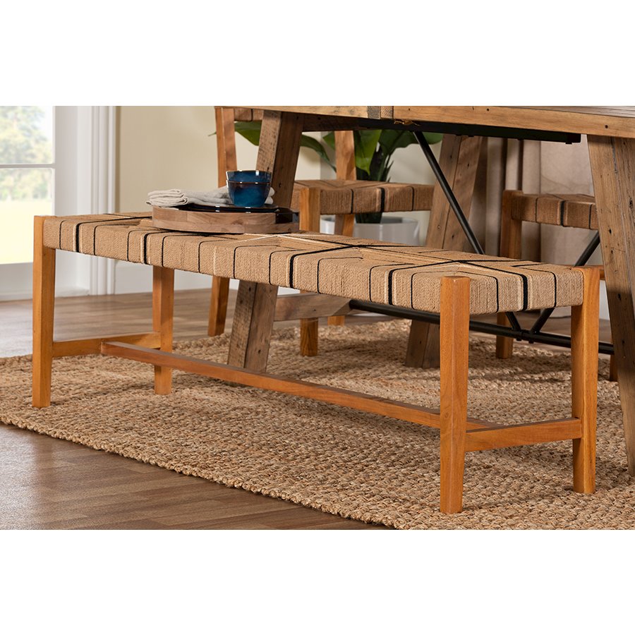 Prita Bohemian Paper Loom and Natural Mahogany Wood Dining Bench. Picture 17