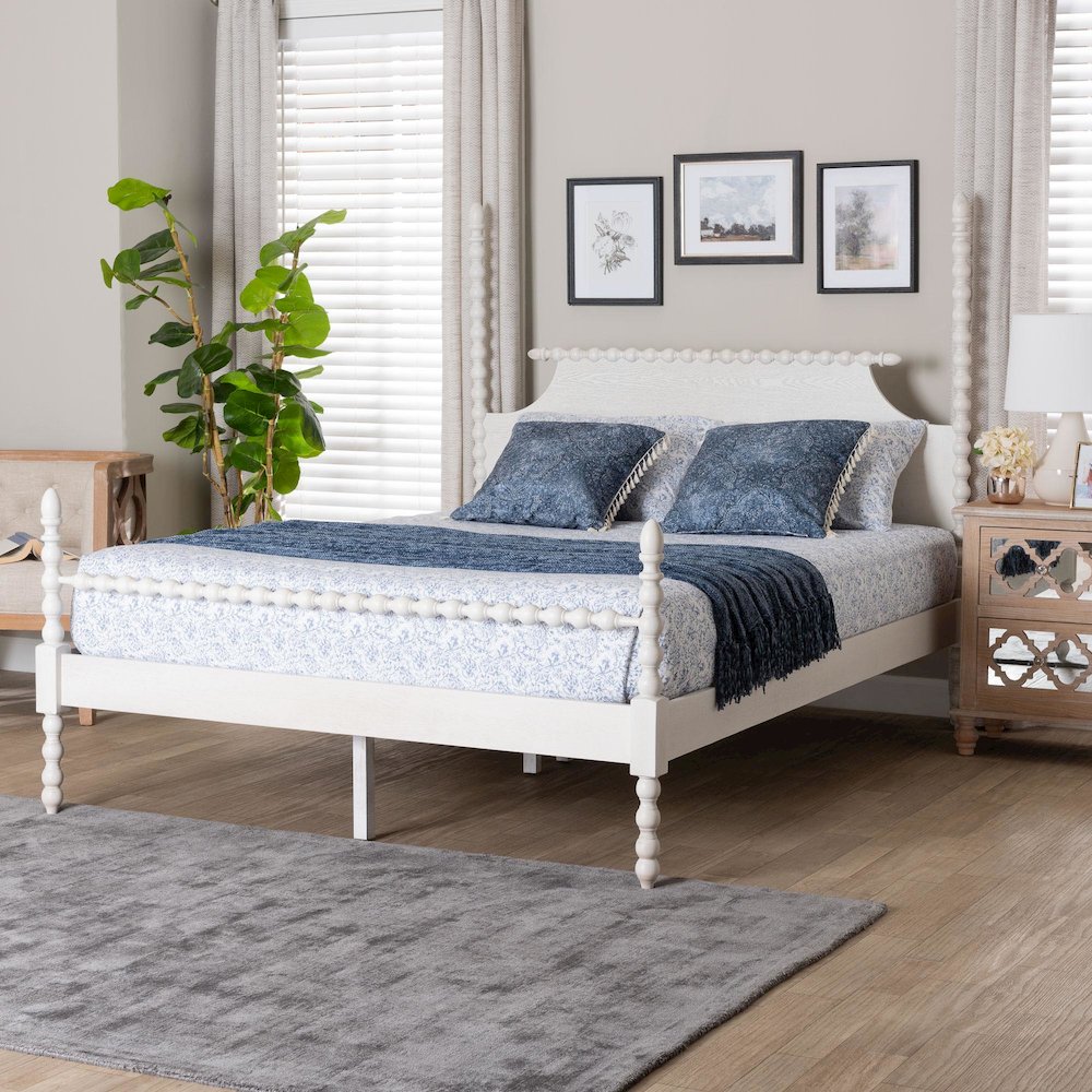 Four-Poster Platform Bed -Wooden Bed Frame with Turned Spindle Posts, White,King. Picture 7