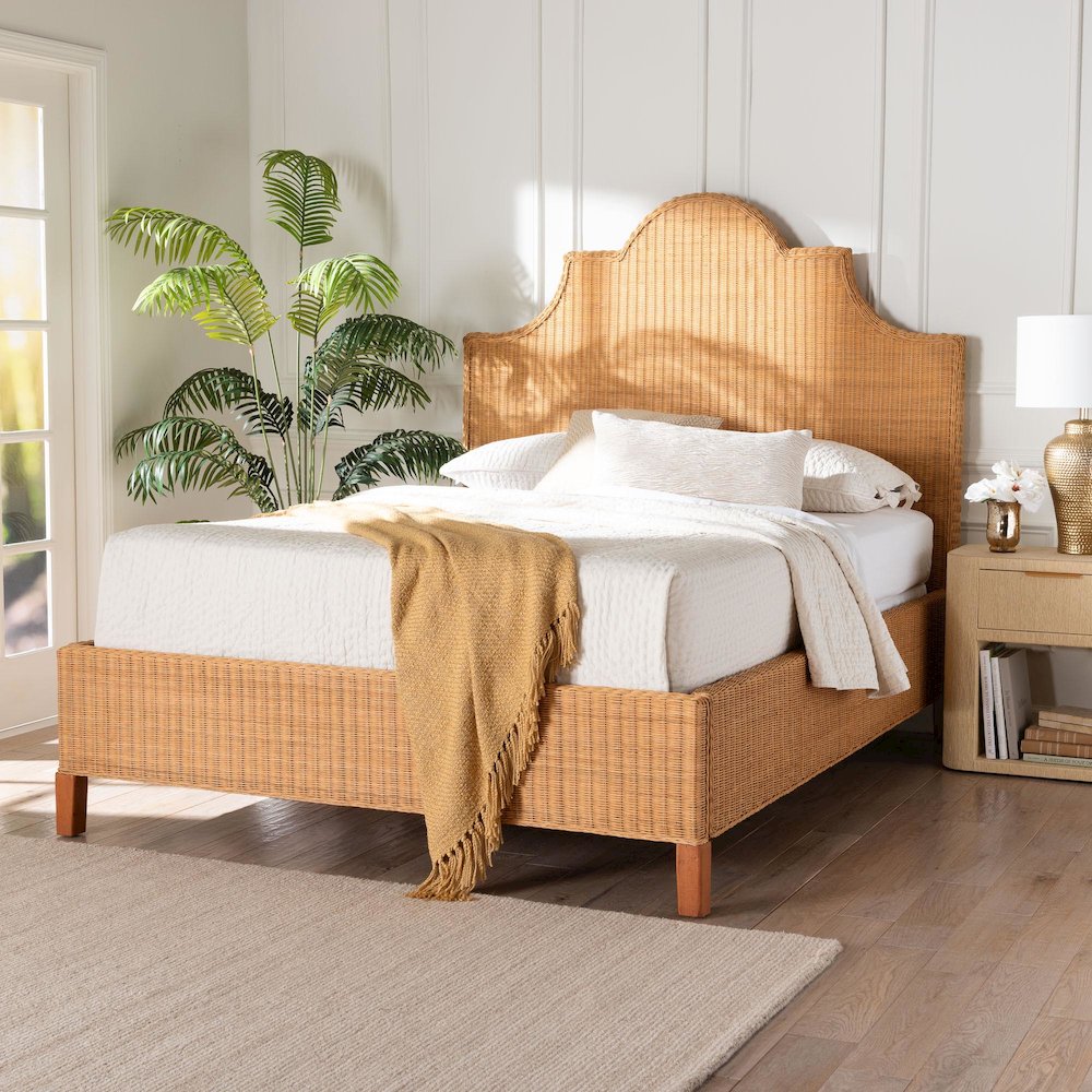 Natural Rattan Bed - Coastal Boho Bed Frame with Scalloped Headboard, King. Picture 7