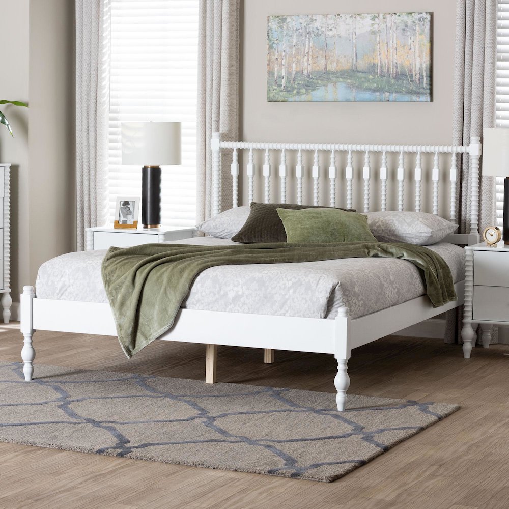 Platform Bed - Turned Bed Frame with Headboard and Sculpted Legs, White, Queen. Picture 2