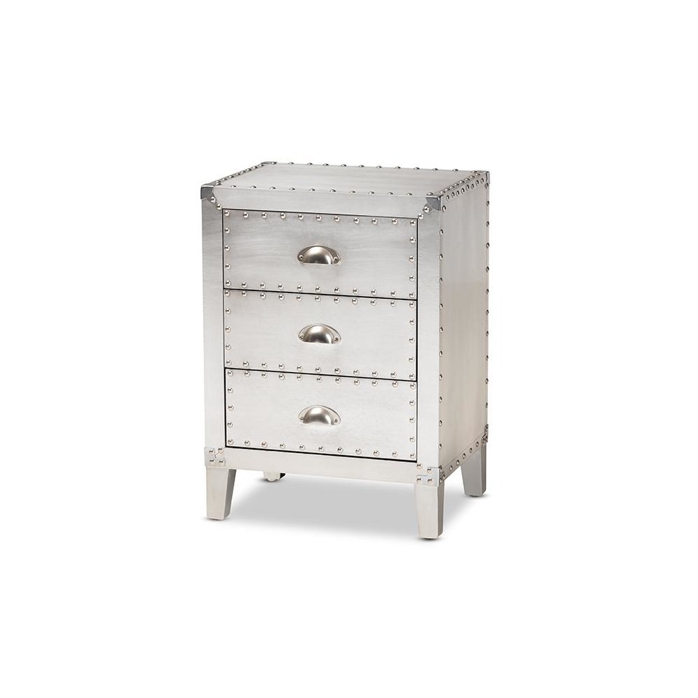 Baxton Studio Claude French Industrial Silver Metal 3-Drawer End Table. Picture 1