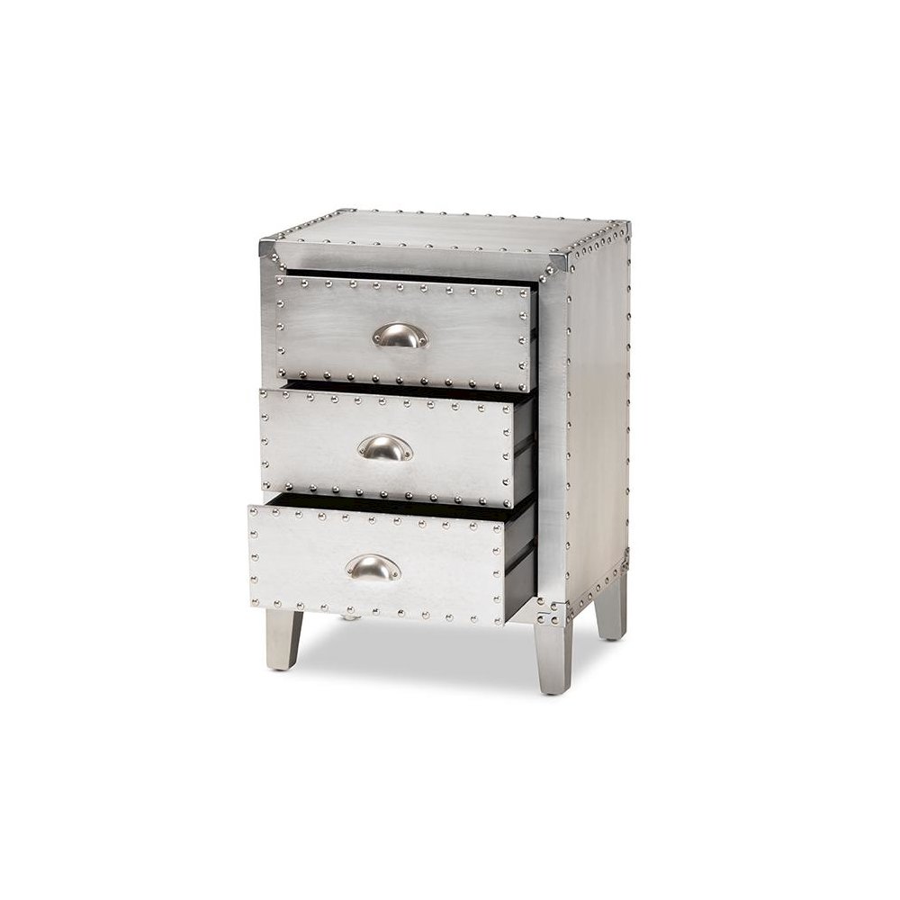 Baxton Studio Claude French Industrial Silver Metal 3-Drawer End Table. Picture 2