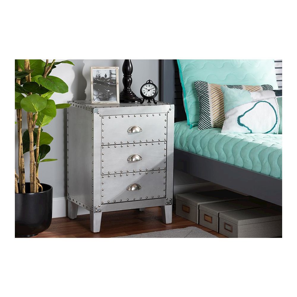 Baxton Studio Claude French Industrial Silver Metal 3-Drawer End Table. Picture 7
