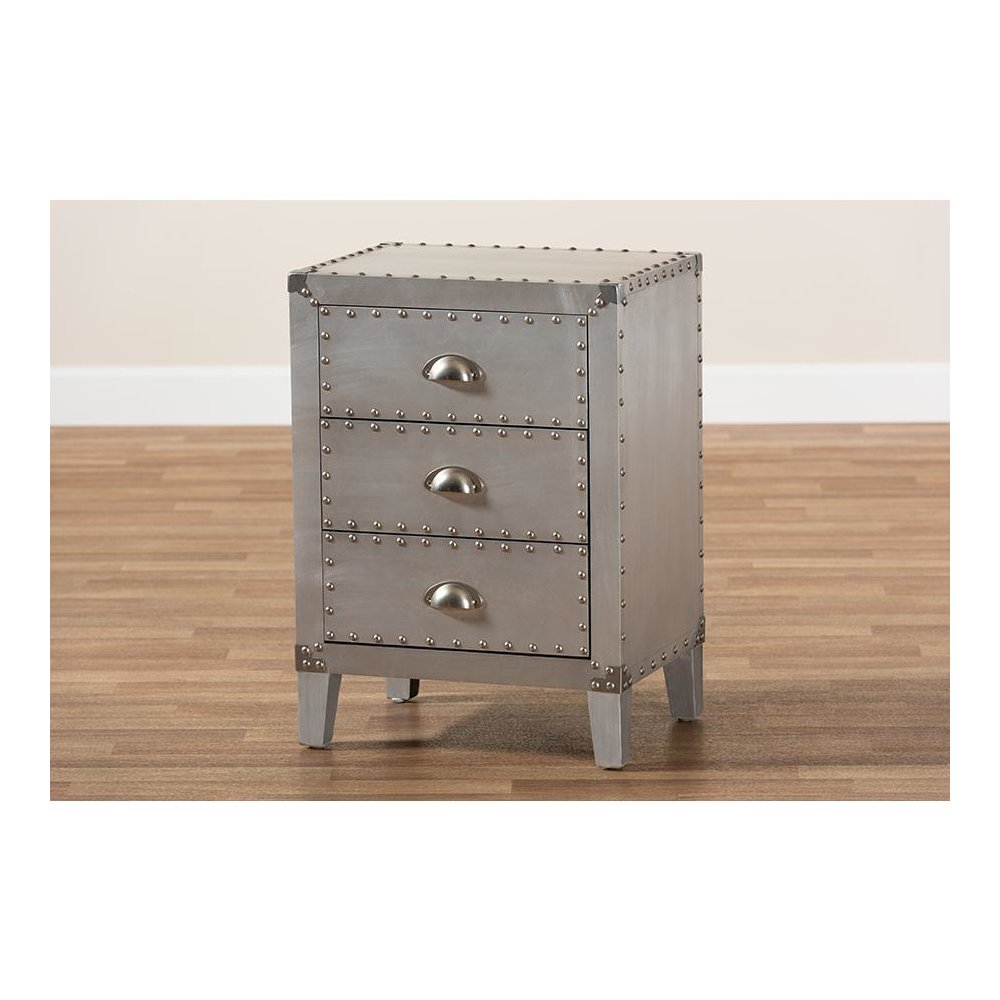 Baxton Studio Claude French Industrial Silver Metal 3-Drawer End Table. Picture 8