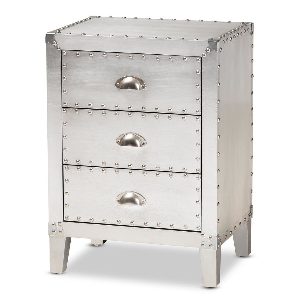 Baxton Studio Claude French Industrial Silver Metal 3-Drawer End Table. Picture 10