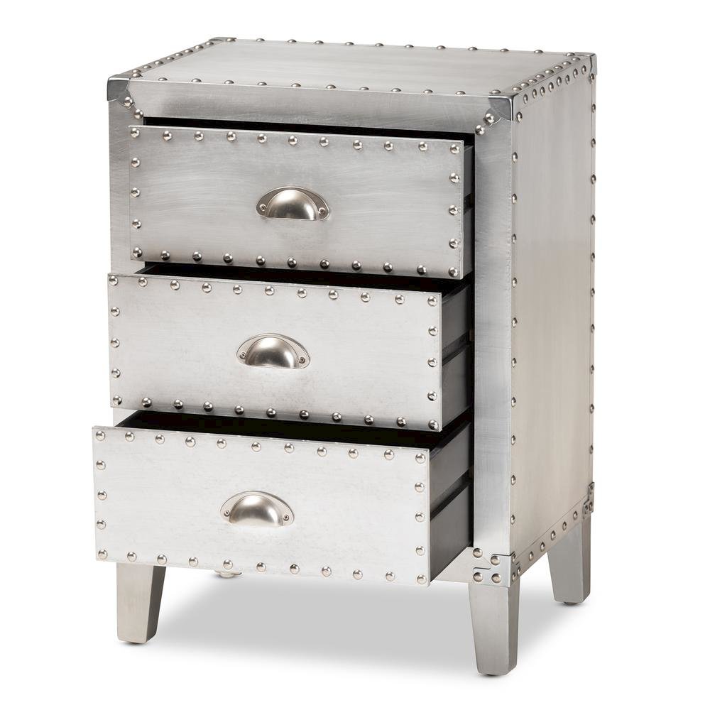 Baxton Studio Claude French Industrial Silver Metal 3-Drawer End Table. Picture 11