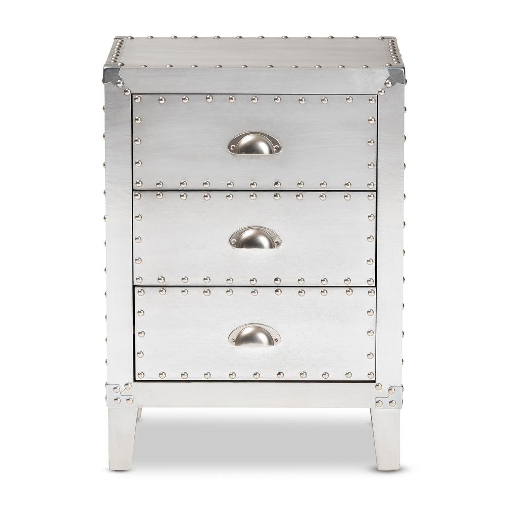 Baxton Studio Claude French Industrial Silver Metal 3-Drawer End Table. Picture 12