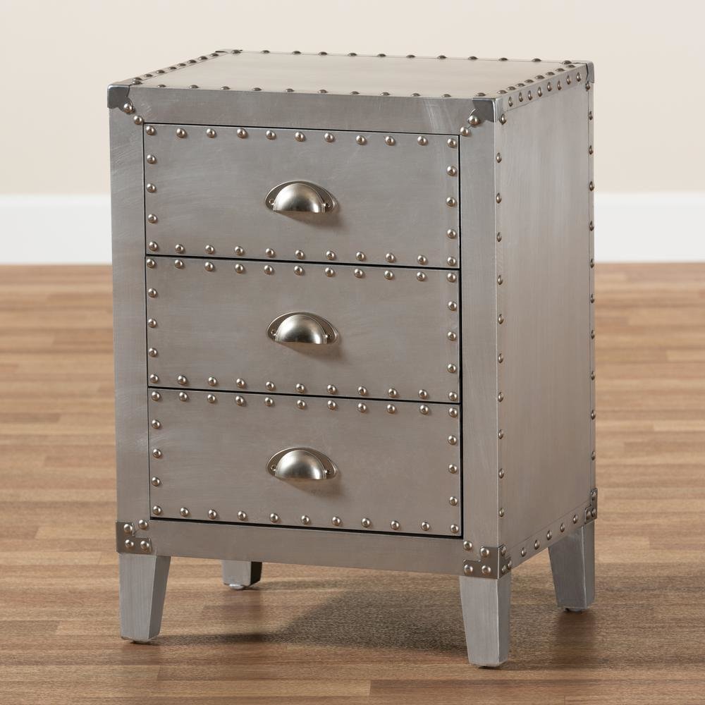 Baxton Studio Claude French Industrial Silver Metal 3-Drawer End Table. Picture 17