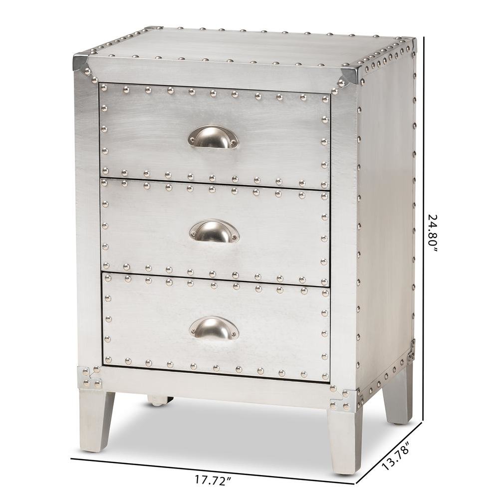 Baxton Studio Claude French Industrial Silver Metal 3-Drawer End Table. Picture 18