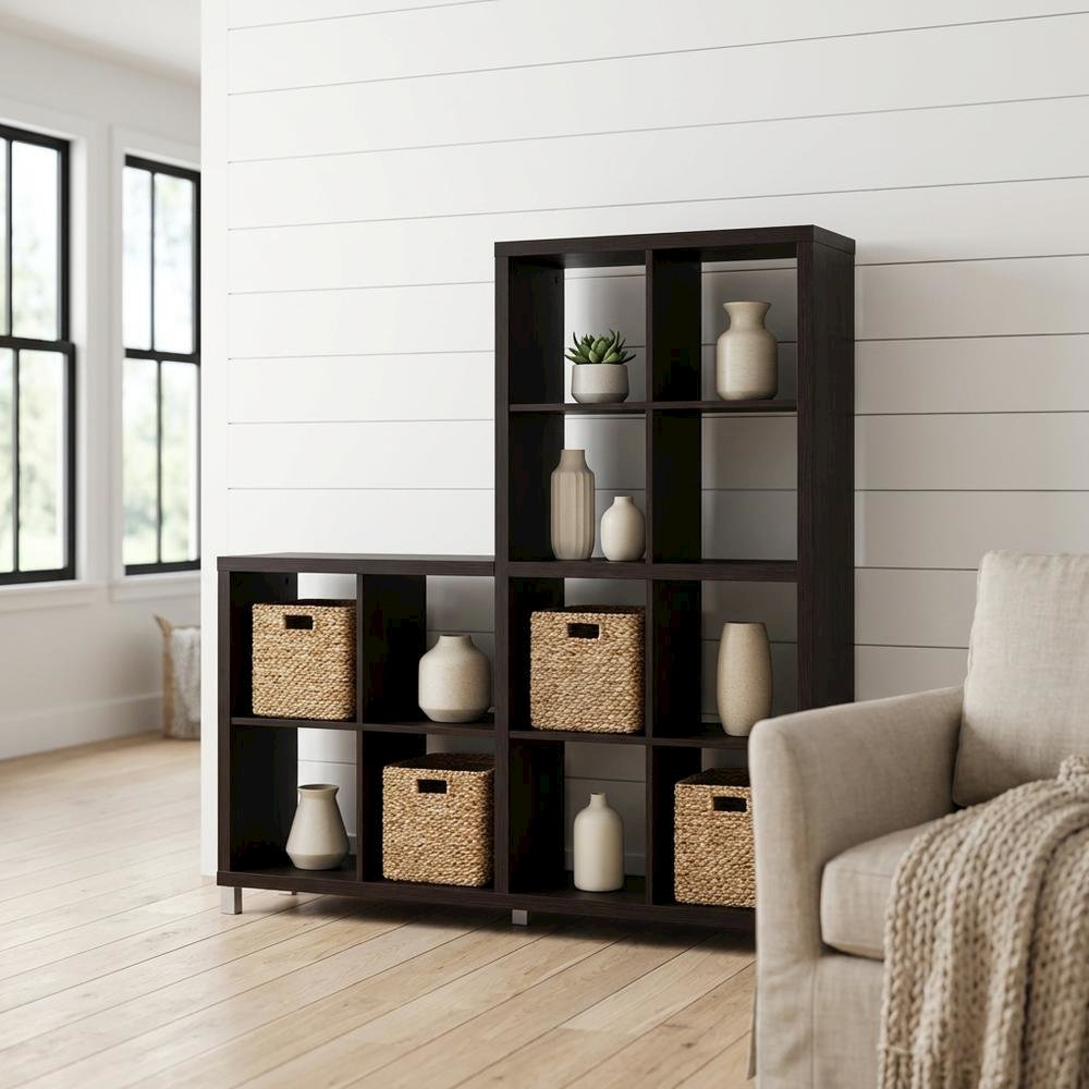 Dark Brown Cube Shelving Unit With Faux Wood Grain Finish For Storage. Picture 2