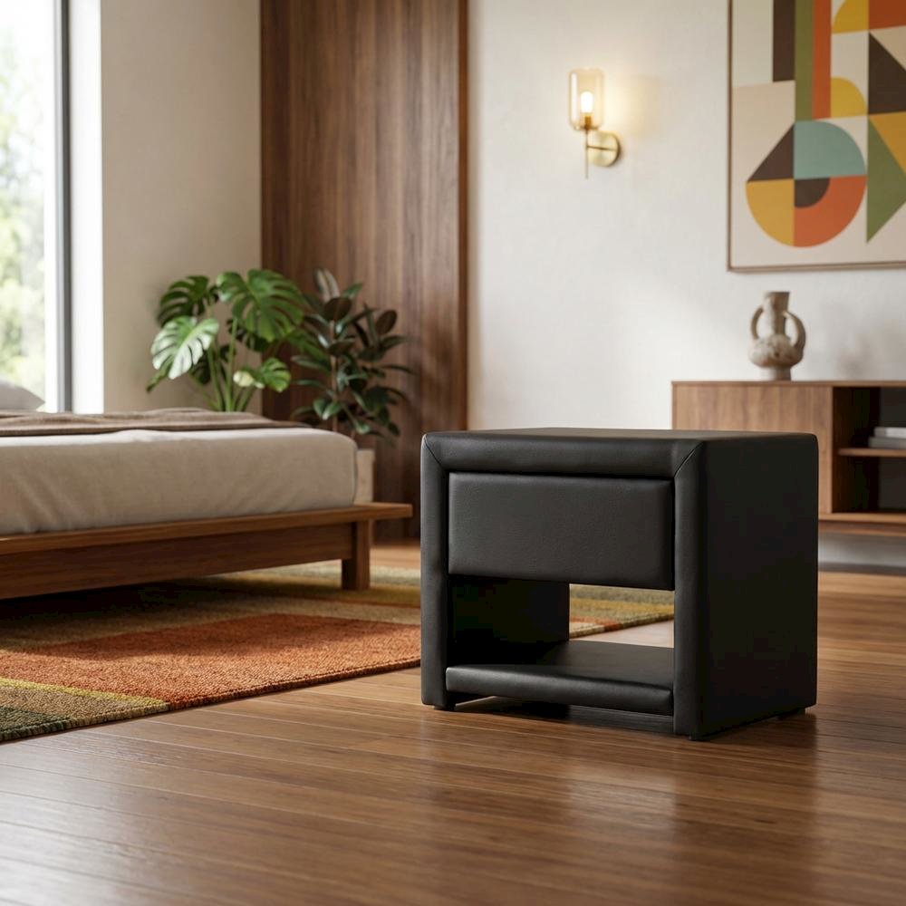 Black Upholstered Nightstand with Faux Leather and Wood Finish. Picture 3