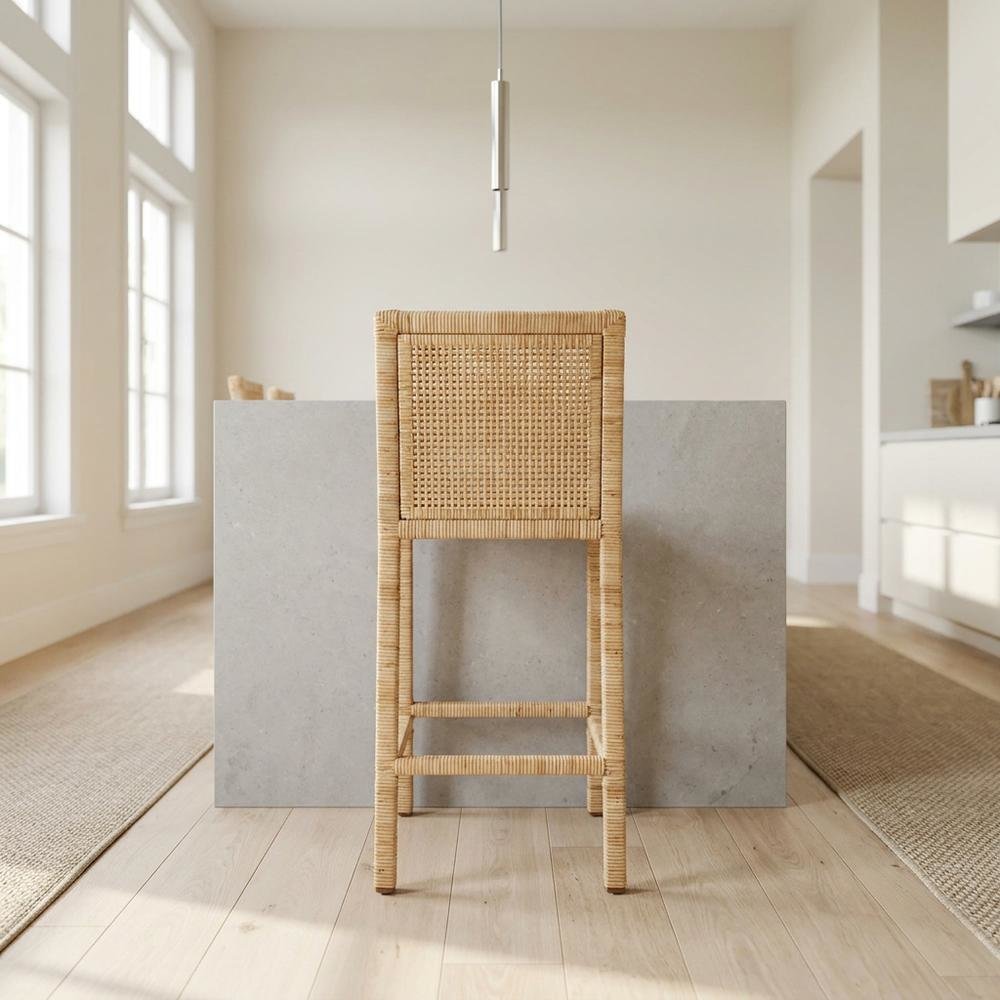 Contemporary Natural Finished Wood and Rattan Counter Stool with Mahogany Frame. Picture 3